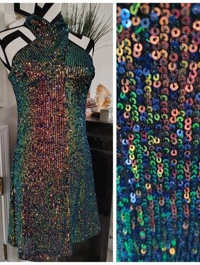 Caché Sequin Halter Mini Dress Iridescent Women's XS Mermaidcore Retro Stretch